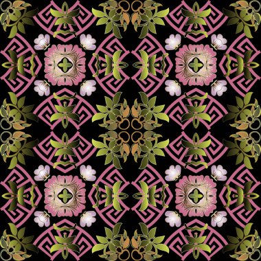 Renkli zarafet çiçekli vektör pürüzsüz desen. Yunan süslemeleri. Güzel klasik pembe çiçekler, yapraklar, şekiller. Yunan kilit oyuncuları. Dekoratif arkaplanı tekrarla. Modern soyut süsler