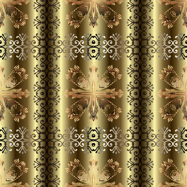 Gold strukturierte 3D-Stickerei Vektor nahtlose Muster. ornamentale goldene florale Oberfläche Hintergrund. kunstvolle Wiederholung gestreifter Hintergrund. Grunge-Wandteppich Blumen, Blätter. gesticktes Ornament. Florale Grenzen — Stockvektor