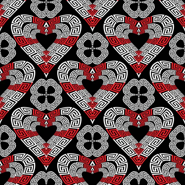 Amor corazones vector moderno patrón sin costura. Fondo rojo blanco negro ornamental griego. Hermoso telón de fondo creativo repetición. Diseño geométrico abstracto. Floral griego clave meandros ornamento. Plantilla — Vector de stock