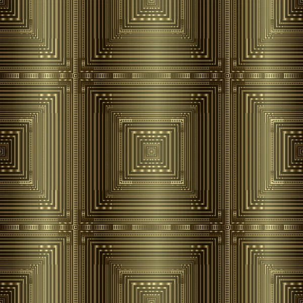 Goud getextureerde 3D gestreepte vector naadloos patroon. Abstracte geometrische achtergrond. Herhaal moderne sierlijke achtergrond. Oppervlakte ornament met vierkanten, lijnen, strepen, radiale vormen, randen, frames — Stockvector