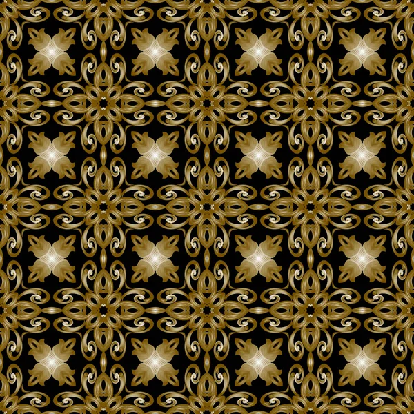 Patrón sin costura vector ornamental de oro floral. Elegante fondo adornado estampado. Repetir estilo étnico árabe telón de fondo. Diseño simétrico decorativo. Flores vintage, hojas, formas, líneas — Archivo Imágenes Vectoriales