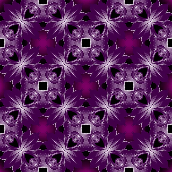 Violett 3d blommig vektor sömlöst mönster. Ytan glödande lila bakgrund. Modern prydnad glänsande upprepa bakgrund. Symmetriskt mönstrad utsmyckad design. elegans strukturerade blommor, blad, former — Stock vektor