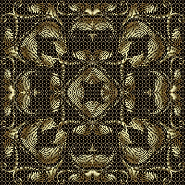 Encaje texturizado oro 3d bordado barroco patrón sin costuras. Encaje ornamental fondo vector floral. Rejilla repetir telón de fondo. Flores bordadas de oro vintage, hojas. Grunge antiguos adornos de superficie — Archivo Imágenes Vectoriales