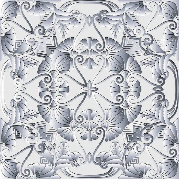 Hermoso blanco floral 3d griego vector patrón sin costuras. Fondo de estilo antiguo ornamental moderno. Fondo de repetición abstracto. Adorno de superficie con flores, formas abstractas, líneas, meandro clave griega — Vector de stock