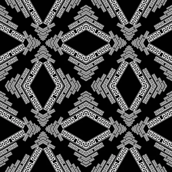 Geométrico tribal étnico griego estilo vector patrón sin costura. Fondo abstracto en blanco y negro. Repite el trasfondo. Geometría ornamento simétrico con formas abstractas, rombo, meandros clave griega — Archivo Imágenes Vectoriales