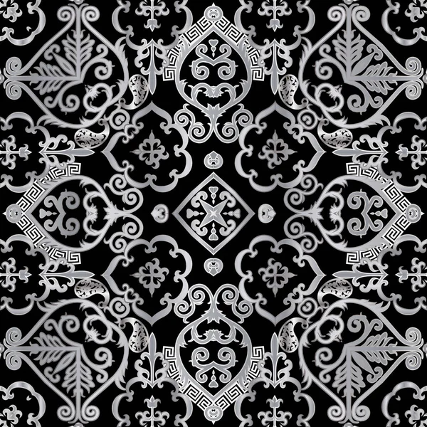 Орнаментальний вектор Пейслі має безшовний візерунок. Квіткове тло арабського стилю. Етнічний чорний і білий фон. Грецькі ключові меандри прикрашають орнамент абстрактними фігурами, лініями, квітами Пейслі, викрутками. — стоковий вектор
