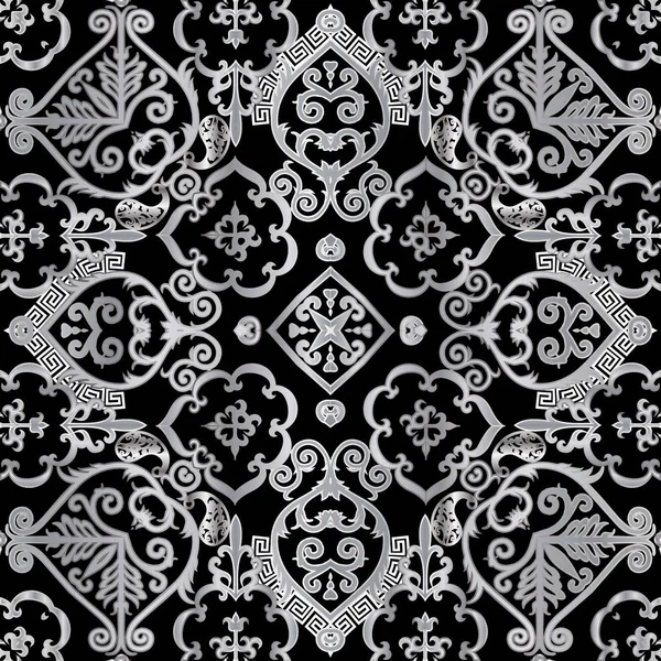 Ornamental Paisley vector seamless pattern. Arabesque style floral background. Ethnic black and white backdrop. Greek key meanders ornate ornament with abstract shapes, lines, paisley flowers, swirls — Stock Vector