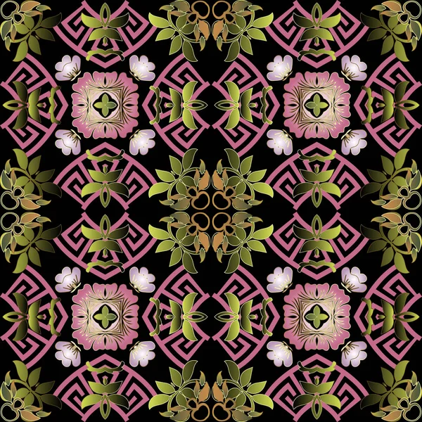 Colorful elegance floral vector seamless pattern. Greek ornamental background. Beautiful vintage pink flowers, leaves, shapes. Greek key meanders. Repeat ornate backdrop. Modern abstract ornaments — Stock Vector