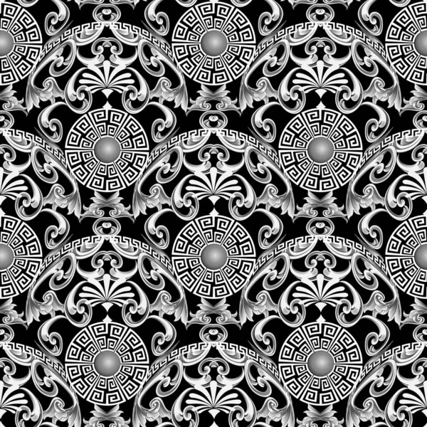 Vintage schwarz-weiß floralen griechischen Vektor nahtlose Muster. ornamentale antiken Stil Hintergrund. alter griechischer Schlüssel mäandert Ornament. geometrische abstrakte Wiederholungskulisse. Monochrom gemustertes Design — Stockvektor