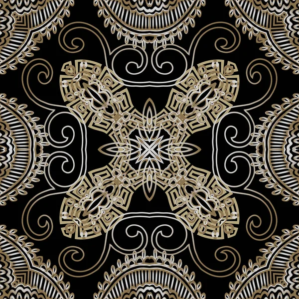 Decoratieve arabische vector naadloos patroon. Arabesque stijl bloemen achtergrond. Etnische achtergrond herhalen. Griekse sleutel meandert sierlijke ornament met abstracte vormen, lijnen, kant vintage bloemen, wervelingen — Stockvector