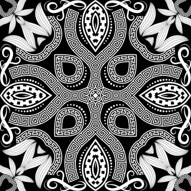 Yunan kusursuz deseni. Siyah ve beyaz desenli geometrik arka plan. Etnik kabile eli çiçekler, yapraklar, geometri şekilleri, girdaplar, noktalar çizdi. Yunan anahtarlık süsü. Çiçek vektör tasarımı