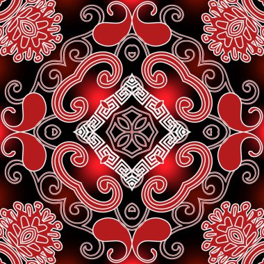 Yunan vektörü kusursuz desen. Arabesk tarzı çiçekli arkaplan. Etnik yineleme parlayan arka plan. Yunan anahtarlarının süsleri kırmızı soyut şekiller, çizgiler, eski desenli çiçekler, girdaplar