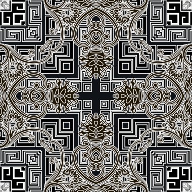 Geometrik Yunan tarzı, etnik tarzda, kusursuz bir model. Çiçeksel süslemeli siyah beyaz kabile geçmişi. Soyut tekrarlanan geometri arka planı. Geometrik şekilli, çizgili, dolambaçlı zarif çiçekler.