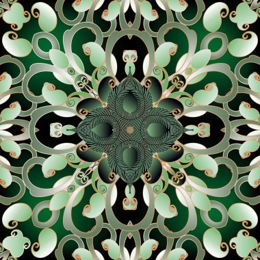 Süslü çiçekli yeşil Paisley vektör kusursuz desen. Soyut renkli modern arka plan. Etnik arkaplanı tekrarla. Klasik desenli çiçekli desenli süsler, soyut şekiller, zikzak çizgileri.