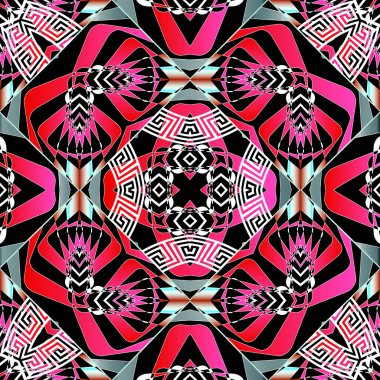 Yunan renkli geometrik vektör pürüzsüz desen. Soyut, zarif bir arka plan. Etnik kabile arkaplanını tekrarla. Yunan anahtarı fraktal şekiller, çizgiler ve zikzak çizgileriyle modern süslemeler yapıyor