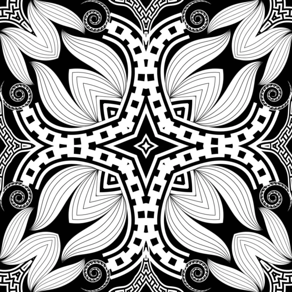 Padrão grego sem costura. Fundo geométrico preto e branco modelado. Mão tribal étnica flores desenhadas, folhas, formas de geometria. chave grega meandros ornamento. Design de vetor floral de bela elegância — Vetor de Stock