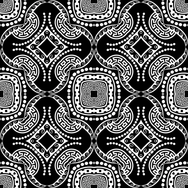 Греческий бесшовный шаблон. Черно-белый геометрический фон. Этнические племенные цветы, листья, геометрические формы, вихри, точки. Греческое украшение из меандра. Современный цветочный рисунок — стоковый вектор