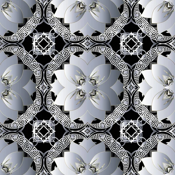 Floral vintage grego vetor sem costura padrão. Fundo grade floral ornamental. Moderno cenário de repetição geométrica. Flores brancas ornamentadas, folhas. chave grega meandros ornamento. Design floral elegante — Vetor de Stock