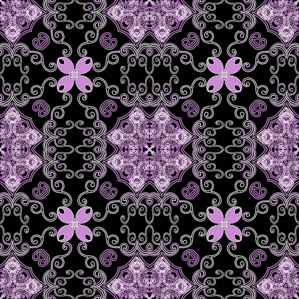 Цветочный фиолетовый арабесчный вектор бесшовный узор. Декоративная элегантность красочный фон. Винтажный этнический арабский стиль повторяет фон. Красивые кружевные цветы, линии, вихри, формы. Орнамент Пейсли — стоковый вектор