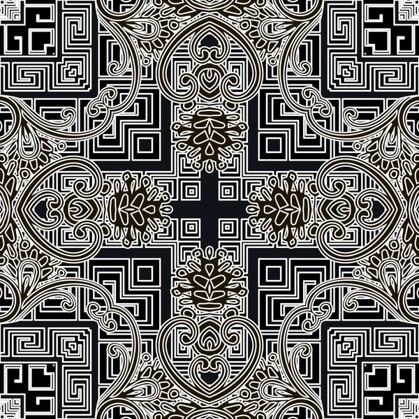 Geométrico griego estilo étnico vector patrón sin costura. Fondo tribal floral ornamental en blanco y negro. Fondo abstracto de geometría repetida. Flores de elegancia con formas geométricas, líneas, meandros — Vector de stock