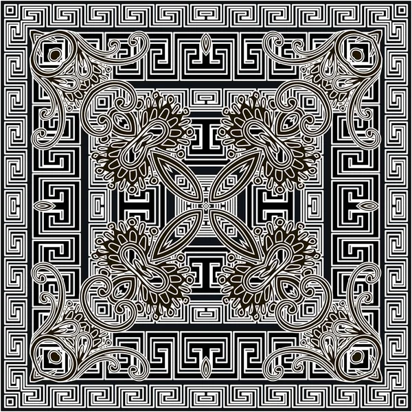 Bloemen naadloos patroon met griekse vierkante frames. Vector decoratieve zwart-wit etnische achtergrond. Tribal herhaal achtergrond. Geometrische abstracte Griekse sleutel meander ornament met doodle bloemen, lijnen — Stockvector