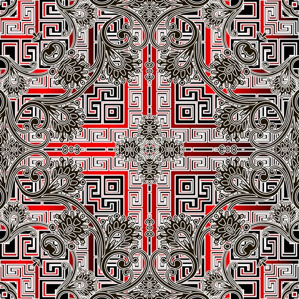 Geométrico griego estilo étnico vector patrón sin costura. Fondo floral ornamental negro blanco rojo tribal. Fondo abstracto de geometría repetida. Flores de encaje con formas geométricas, líneas, meandros — Vector de stock