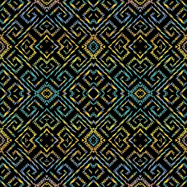 Texturizado grunge padrão sem emenda vetor geométrico grego. Tapeçaria tribal fundo colorido. Repita o pano de fundo dos bordados étnicos. chave grega abstrato meandros ornamento grungy com linhas de ziguezague, formas — Vetor de Stock