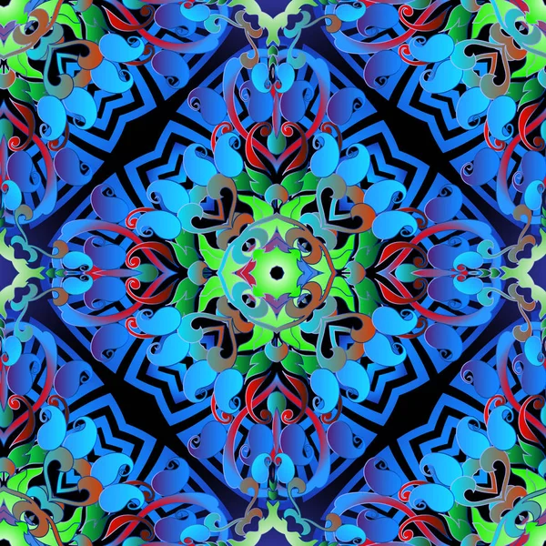Griekse stijl bloemen Paisley vector naadloos patroon. Kleurrijke decoratieve abstracte achtergrond. Tribale etnische achtergrond herhalen. Griekse sleutel meandert moderne ornament met paisley bloemen, bladeren, vormen — Stockvector