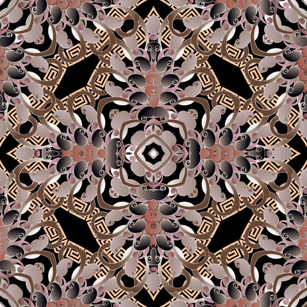 Elegante patrón griego floral sin costuras. Colorido vector ornamental fondo Paisley. Repite el trasfondo. Clave griega meandro ornamento abstracto. Etnia vintage paisley flores, hojas, formas geométricas — Archivo Imágenes Vectoriales