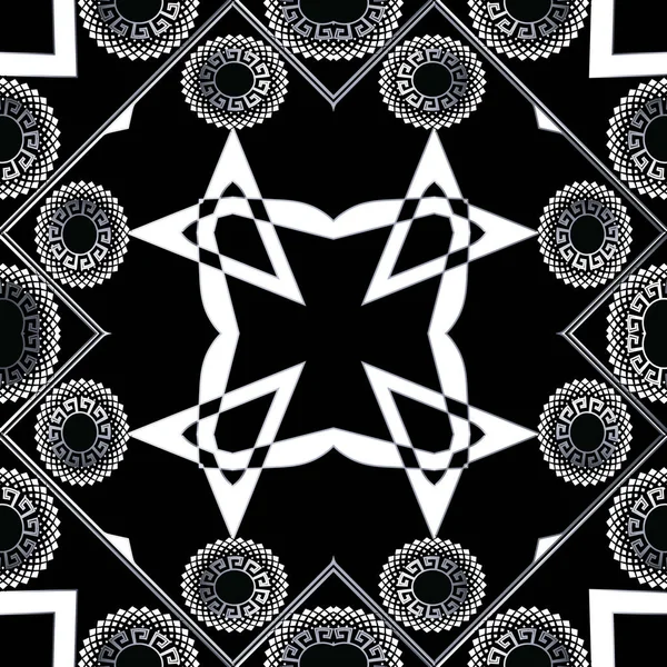Modern siyah ve beyaz geometrik Yunan vektörü kusursuz desen. Soyut, zarif bir arka plan. Etnik kabile arkaplanını tekrarla. Yunan anahtarlarının süslemeleri daireler, fraktallar, çizgiler — Stok Vektör