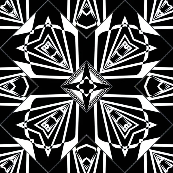 Griego moderno negro y blanco vector patrón sin costura. Fondo ornamental geométrico. Fondo abstracto repetido de patrones tribales étnicos. Adorno de meandros clave griego adornado. Diseño radial elegante — Vector de stock