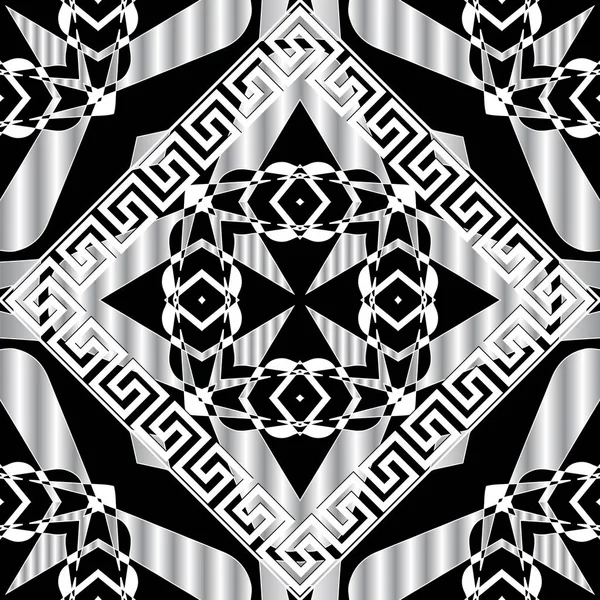 Řecké moderní černobílé 3D vektor bezešvé vzor. Geometrické dekorativní povrch pozadí. Abstraktní opakované etnické kmenové vzorované pozadí. Ozdobný řecký klíč kroutí ozdobou. Elegantní design — Stockový vektor