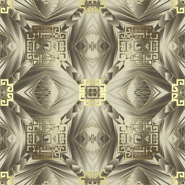 ゴールド幾何学的な3Dベクトルシームレスパターン。装飾的な黄金の近代的な背景。幾何学的な繰り返しシルクの背景。抽象的な幾何学形、線、ストライプ、フラクタル、ギリシャ語のキーの意味装飾 — ストックベクタ