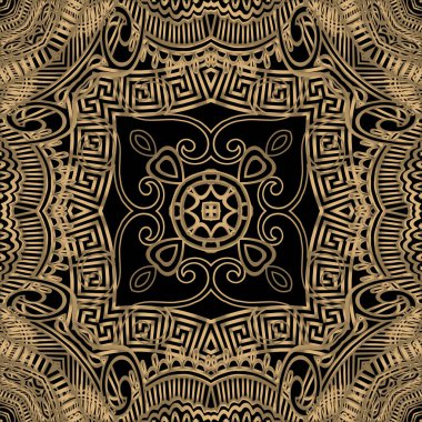 Süslü Arapça vektörsüz şablon. Arabesk tarzı çiçek arkaplanı. Etnik yineleme arka planı. Yunan anahtar yolları soyut şekiller, çizgiler, dantel bağcıklı çiçekler ve girdaplarla süslenir