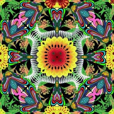 Renkli çiçekli vektör kusursuz desen. Soyut etnik tarz parlak süslemeli arka plan. Dekoratif çingene arka planı. Çok renkli çiçekler, yapraklar, şekiller, çizgiler, çizgiler, kıvrımlar, noktalar. Dekorasyon tasarımı