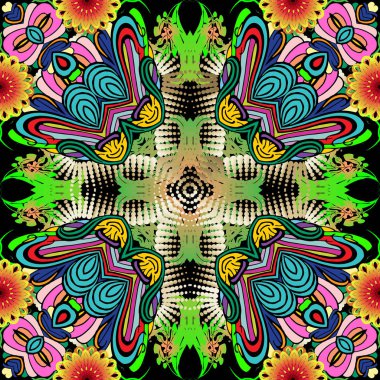 Renkli çiçekli vektör kusursuz desen. Soyut etnik tarz parlak süslemeli arka plan. Dekoratif çingene arka planı. Çok renkli çiçekler, yapraklar, şekiller, çizgiler, çizgiler, kıvrımlar, noktalar. Dekorasyon tasarımı