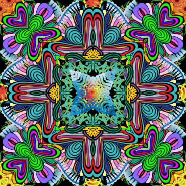 Renkli çiçekli vektör kusursuz desen. Soyut etnik tarz parlak süslemeli arka plan. Dekoratif çingene arka planı. Çok renkli çiçekler, yapraklar, şekiller, çizgiler, çizgiler, kıvrımlar, noktalar. Dekorasyon tasarımı