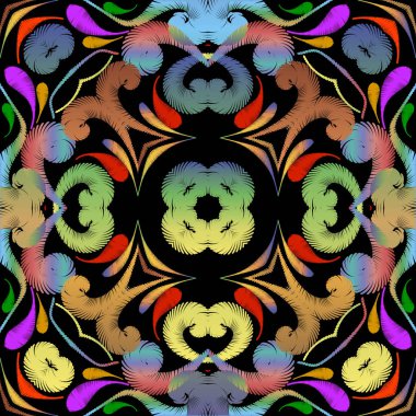 Duvar halısı renkli, soyut, dikişsiz desen. Nakış süsleme vektör arka planı. Etnik grunge desenli çiçekler, şekiller. Dokulu çingene kumaşı deseni. Parlak desenli, işlemeli süsler.