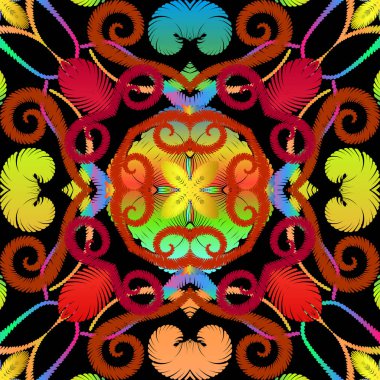 Duvar halısı renkli, soyut, dikişsiz desen. Nakış süsleme vektör arka planı. Etnik grunge desenli çiçekler, şekiller. Dokulu arabesk kumaş deseni. Süslü püslü süsler.