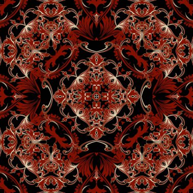 Güzel, zarif, kusursuz Barok vektör deseni. Şatafatlı Şam arkaplanı. Çiçeksel zarafet arka planda tekrarlanıyor. Altın rengi barok tarzı süslerle süslenmiş Victoria tarzı süsler, yapraklar.