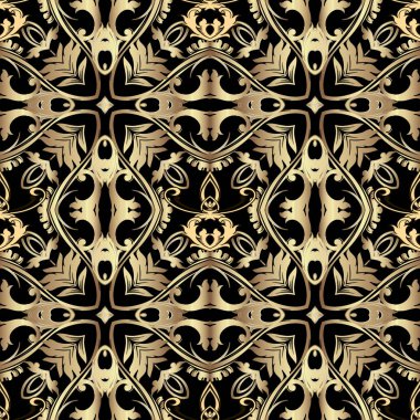 Güzel, zarif, kusursuz Barok vektör deseni. Şatafatlı Şam arkaplanı. Çiçeksel zarafet arka planda tekrarlanıyor. Altın rengi barok tarzı süslerle süslenmiş Victoria tarzı süsler, yapraklar.