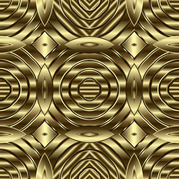 Ouro texturizado 3d vetor sem costura padrão. Fundo geométrico ornamental dourado. Formas geométricas abstratas, linhas, listras, fractais. Repetir superfície pano de fundo alívio. Infinita textura 3d ornamentado — Vetor de Stock