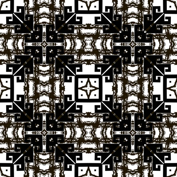 Patrón geométrico tribal blanco y negro grunge sin costuras. Vector abstracto grungy fondo. Texturizado estilo étnico ornamento simétrico con formas de geometría, líneas sucias, rayas. Textura áspera — Vector de stock