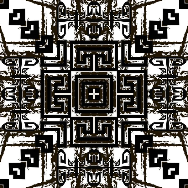 Γεωμετρική φυλή μαύρο και άσπρο grunge αδιάλειπτη μοτίβο. Διάνυσμα αφηρημένο grungy φόντο. Υφή έθνικ στυλ συμμετρικό στολίδι με γεωμετρικά σχήματα, βρώμικες γραμμές, ρίγες. Σκληρή υφή — Διανυσματικό Αρχείο