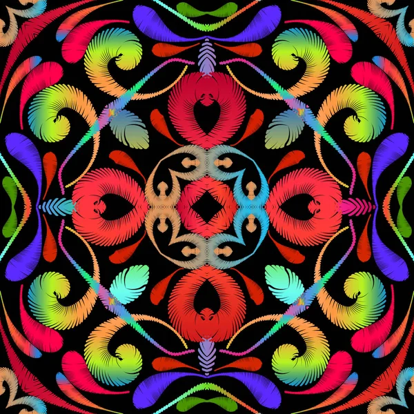 Tapiz patrón inconsútil abstracto colorido. Bordado fondo vectorial ornamental. Grunge paisley étnico flores, formas. Patrón de tela gitana texturizada. Adornos bordados brillantes modelados — Vector de stock