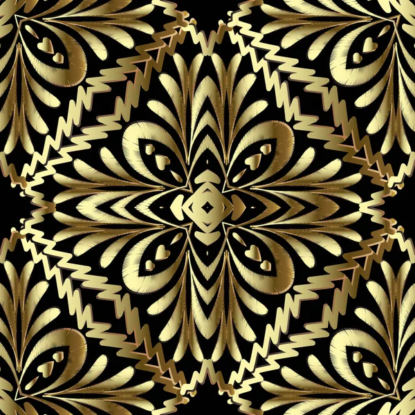 Bordado de oro vintage patrón sin costuras. Vector ornamental Damasco fondo. Texturizado adorno étnico floral con tapiz flores Paisley, hojas, remolinos, zigzag. Textura adornada grunge bordada — Vector de stock