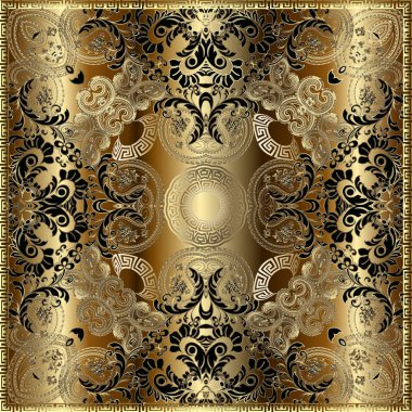 Altın 3d Paisley vektör pürüzsüz desen. Yüzey altın çiçekli Yunan arka planı. Klasik desenli çiçekler, yapraklar. Doğulu arabesk arka planı tekrarlıyor. Yunan anahtar kavşakları kare çerçeve, daireler, şekiller