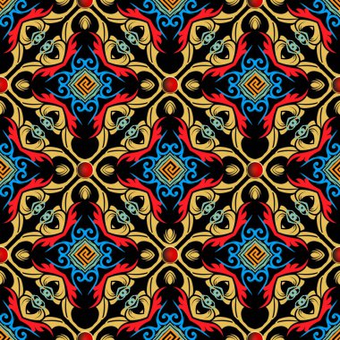 Renkli Barok vektör kusursuz desen. Yunan anahtarlarının süsü. Soyut çiçekli waffle Damask arka planı. Klasik parlak Viktorya tarzı süslü barok desenler. Geometrik şekiller, elementler