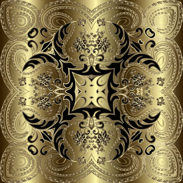 Кружевной орнаментальный золотой 3d Пейсли векторный бесшовный узор. Поверхность золотистого цветочного фона. Винтажные цветы, листья. Восточный арабеск повторяет фон. Элементы барокко . — стоковый вектор