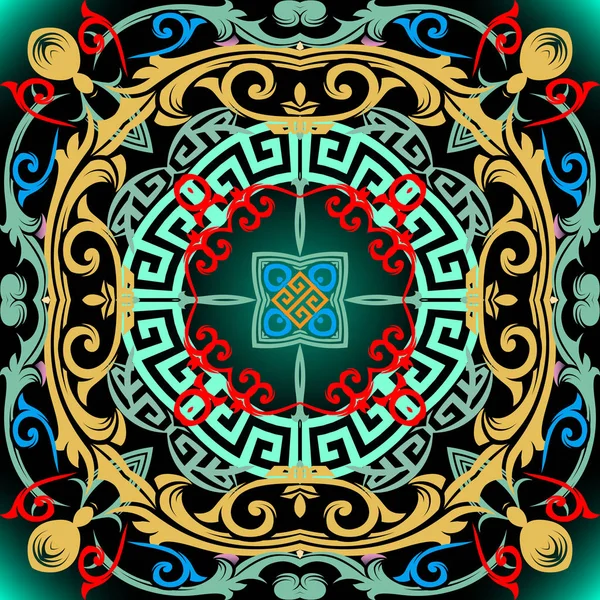 Colorido patrón inconsútil vector barroco. Clave griega meandros ornamento. Resumen floral Damasco brillante fondo. Vintage estilo victoriano adornado patrones barrocos. Formas geométricas, elementos. Repita. — Vector de stock